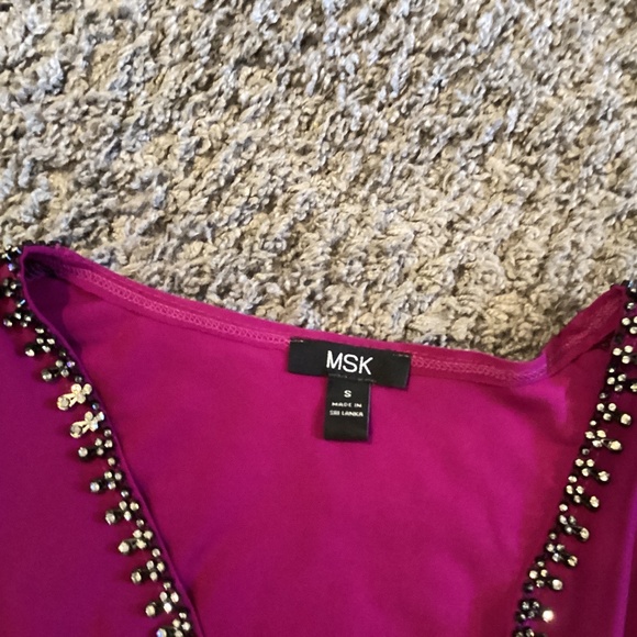 MSK dressy blouse size S cranberry with black trim with rhinestones - Picture 2 of 3